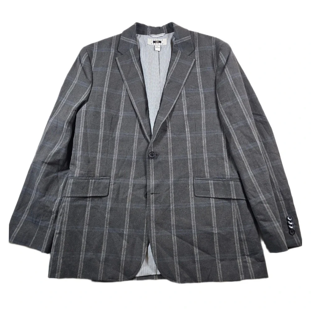 Joseph Abboud Linen Blazer Mens Large Grey Cotton Windowpane Plaid Sport Coat